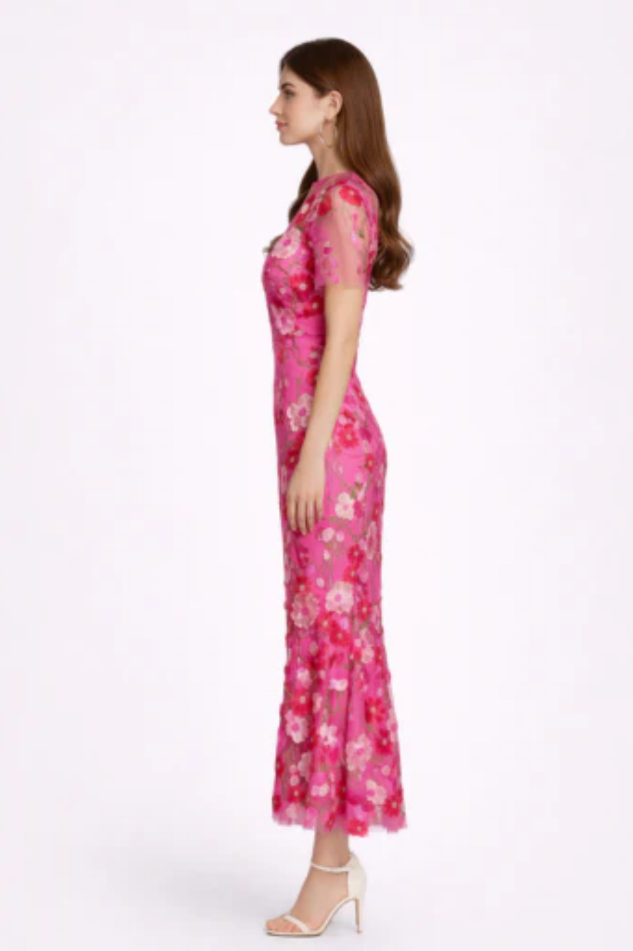 Robe Midi Dentelle Fluide – Manches Mi-Longues, Idéale Soirée & Invitée de Mariage