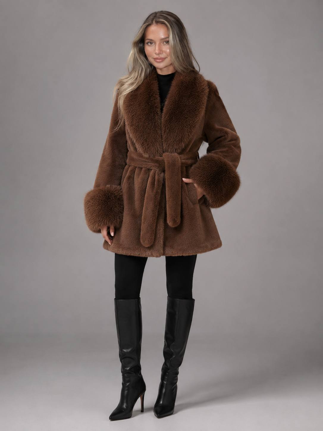 Manteau à ceinture pour femme avec col en fausse fourrure, modèle portant le manteau de dos avec un sac à main