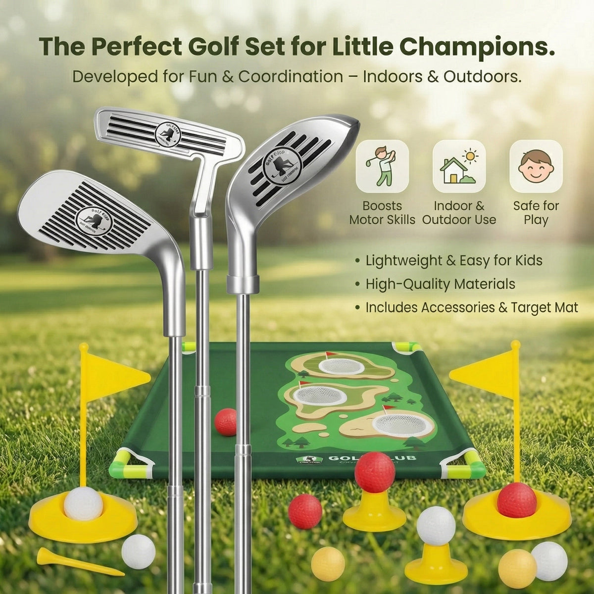 Enfant en train de putter la balle de golf, visage joyeux