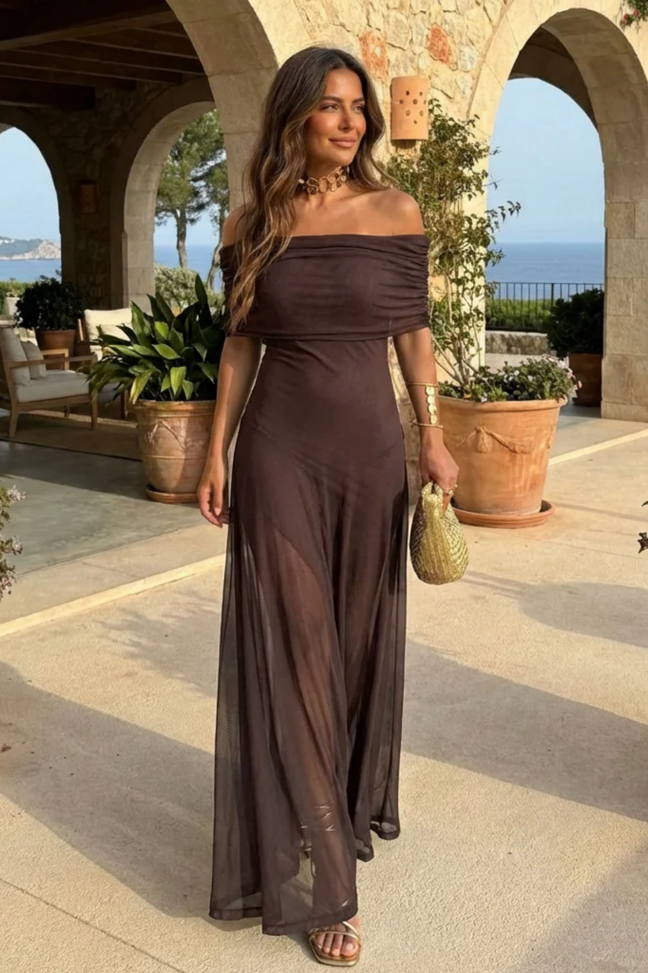 Robe Longue Femme Épaules Dénudées – Élégante & Fluide en Maille | Robe de Cocktail