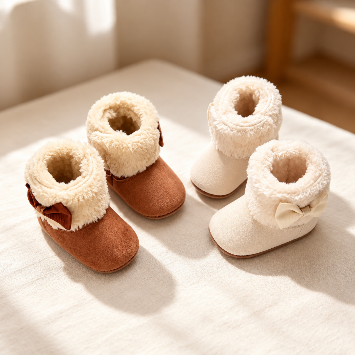 Bottines bébé beige en polaire avec nœud crème, vue rapprochée du détail