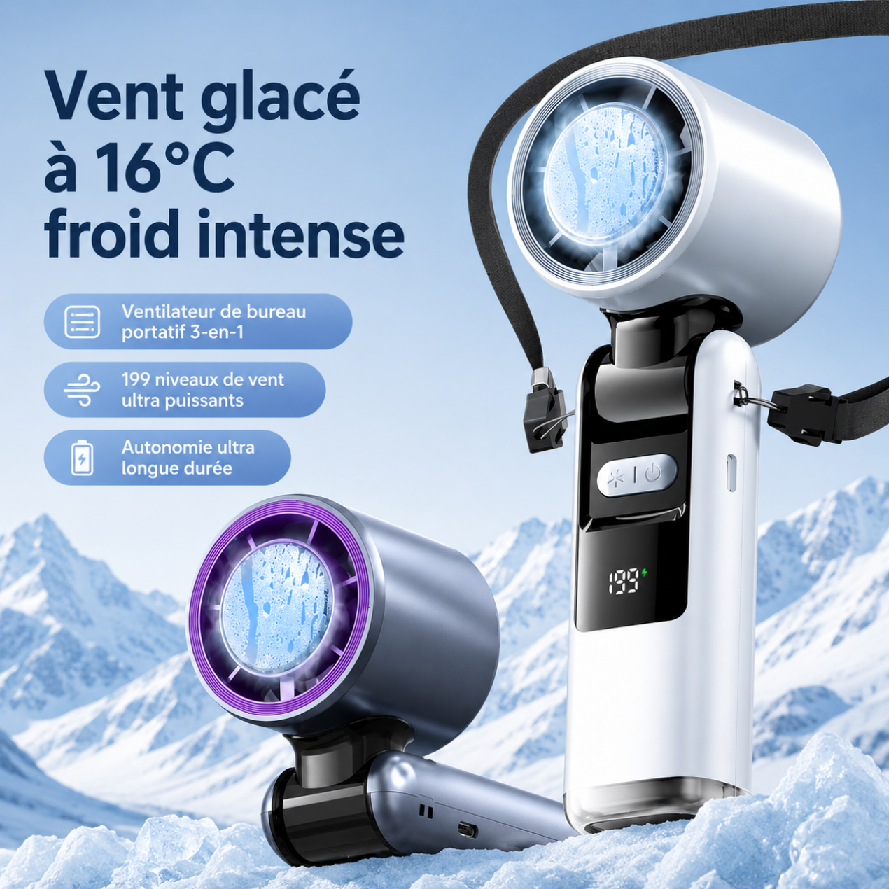 Ventilateur de Cou Pliable 2-en-1 – Poche de Glace, Portable & Mains Libres