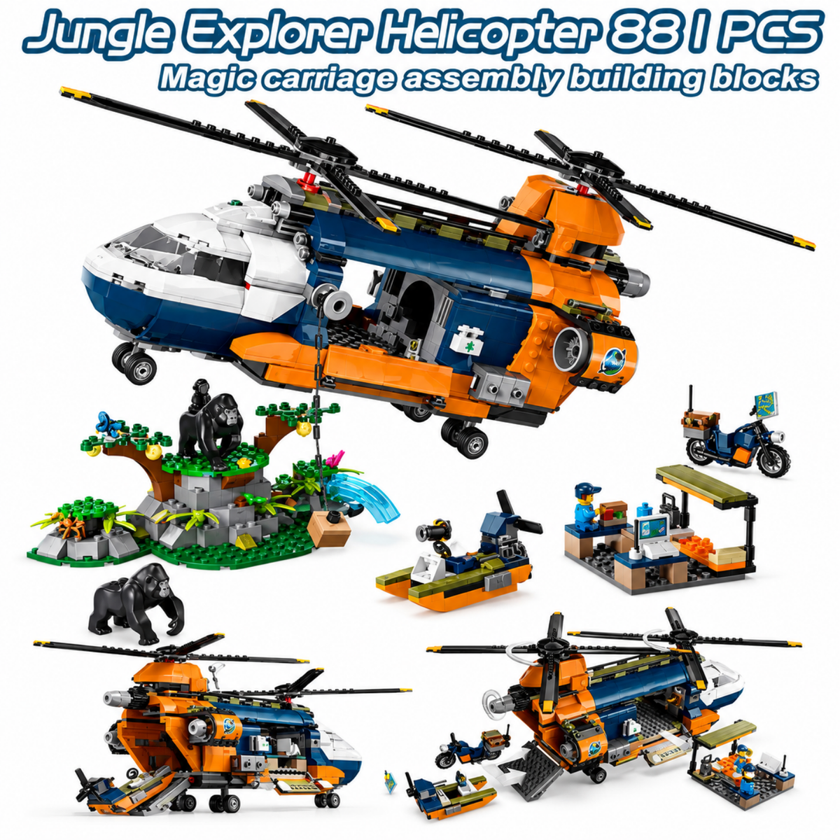Hélicoptère explorateur de la jungle en briques de construction – modèle assemblé