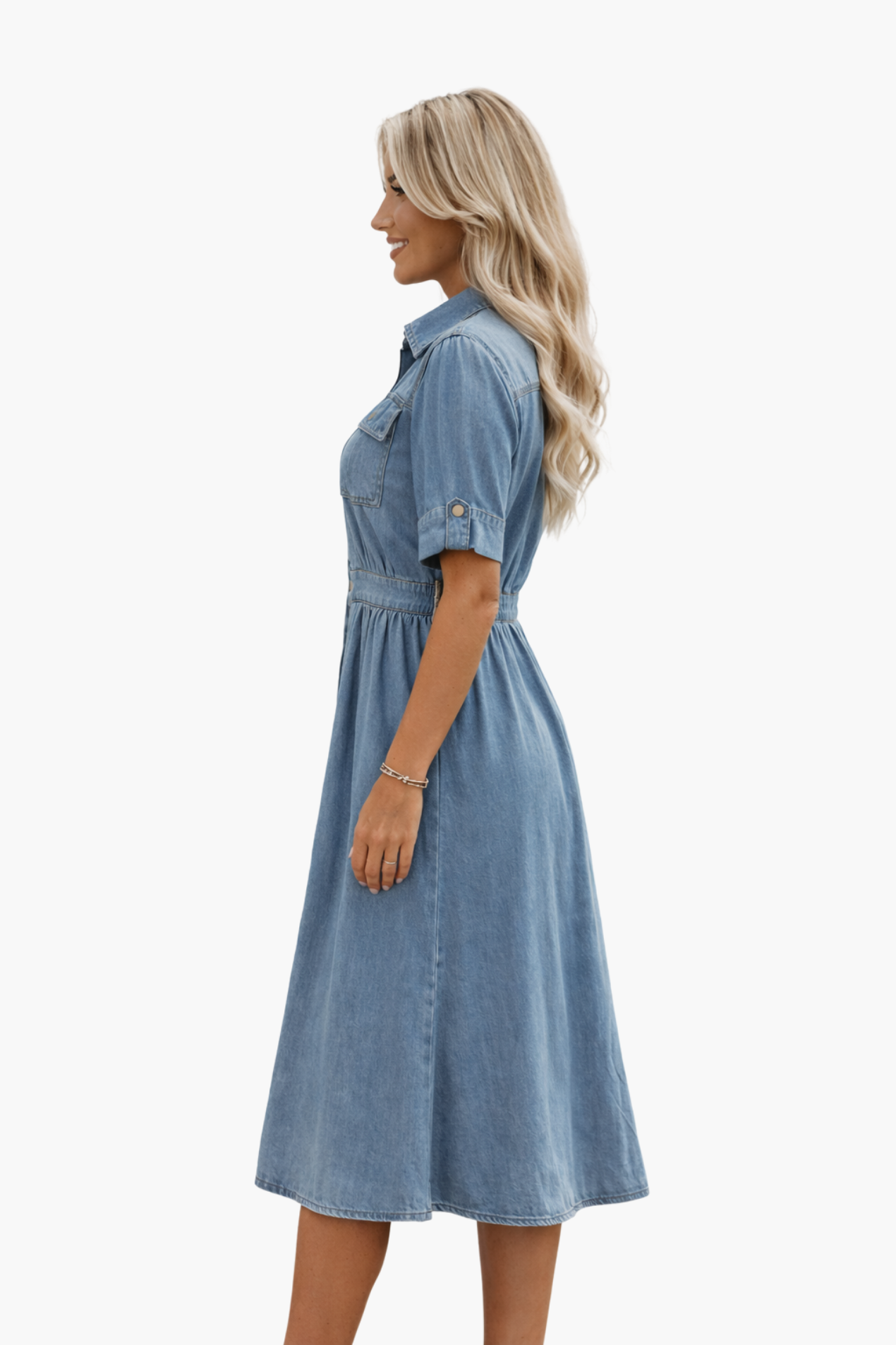 Robe Midi Jean Femme – Coupe Chemise & Taille Marquée, Style Casual Chic Quotidien