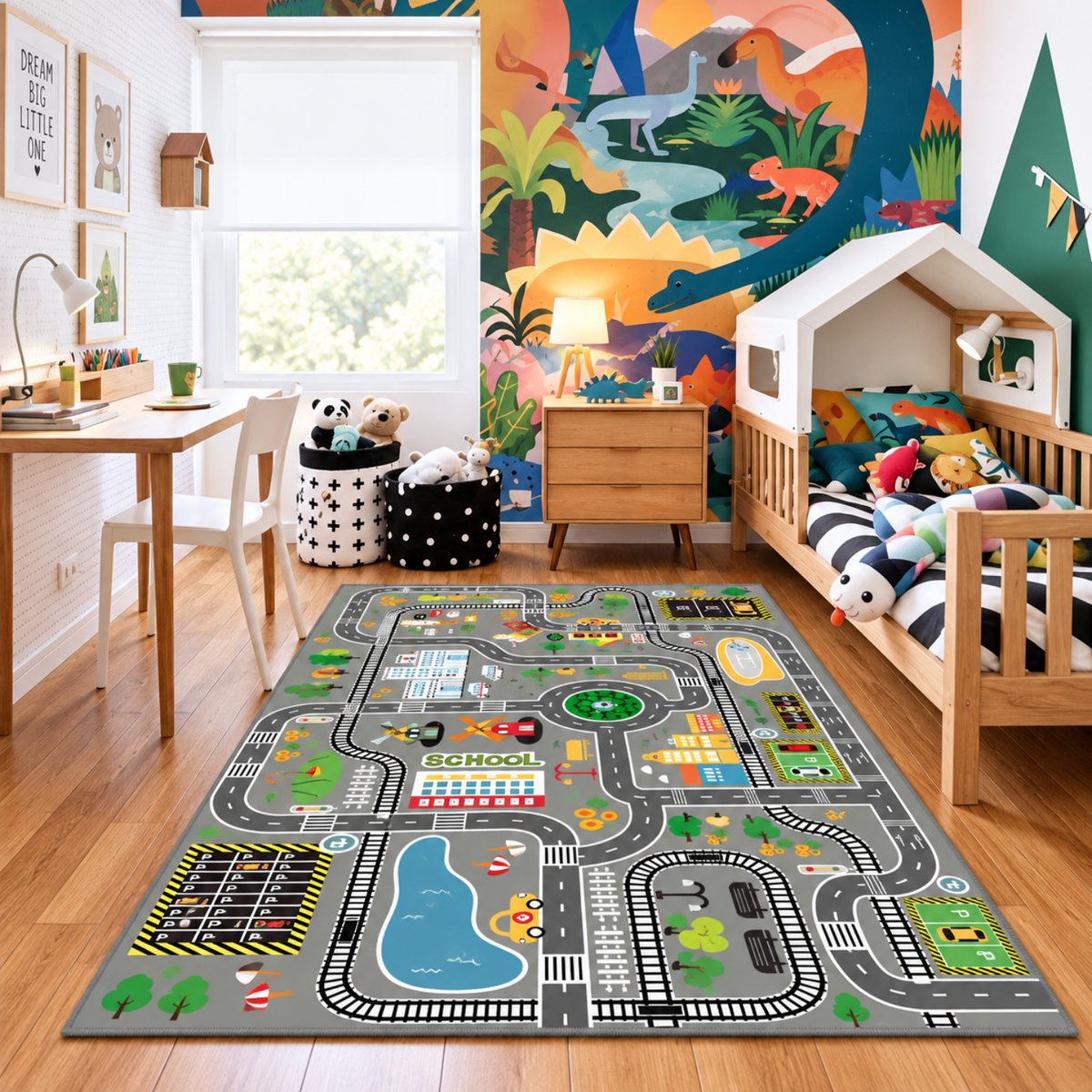 Tapis de jeu enfant imprimé ville verte avec routes et circuits pour voitures