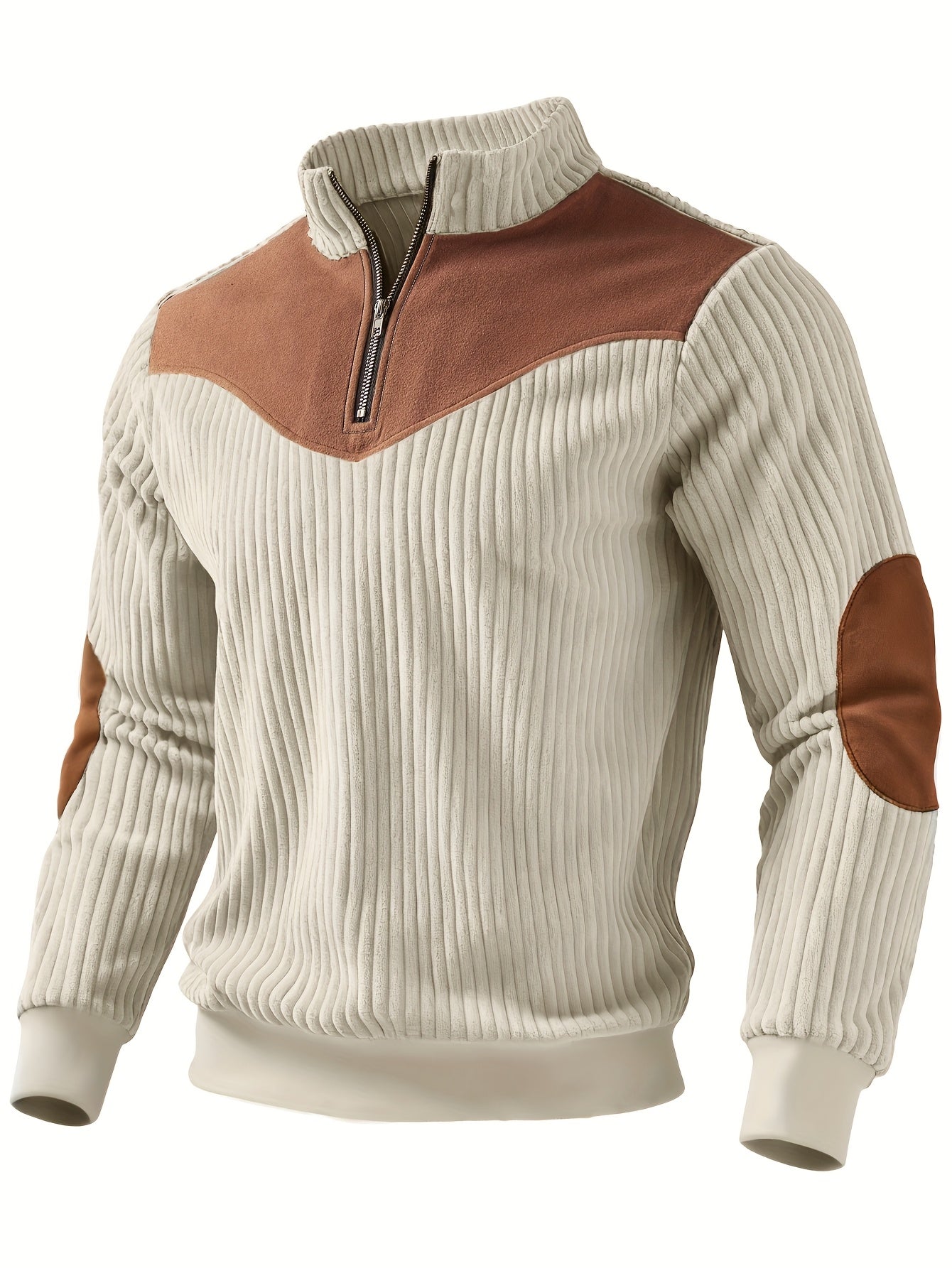 Pull demi-zip côtelé beige avec empiècements suédine marron