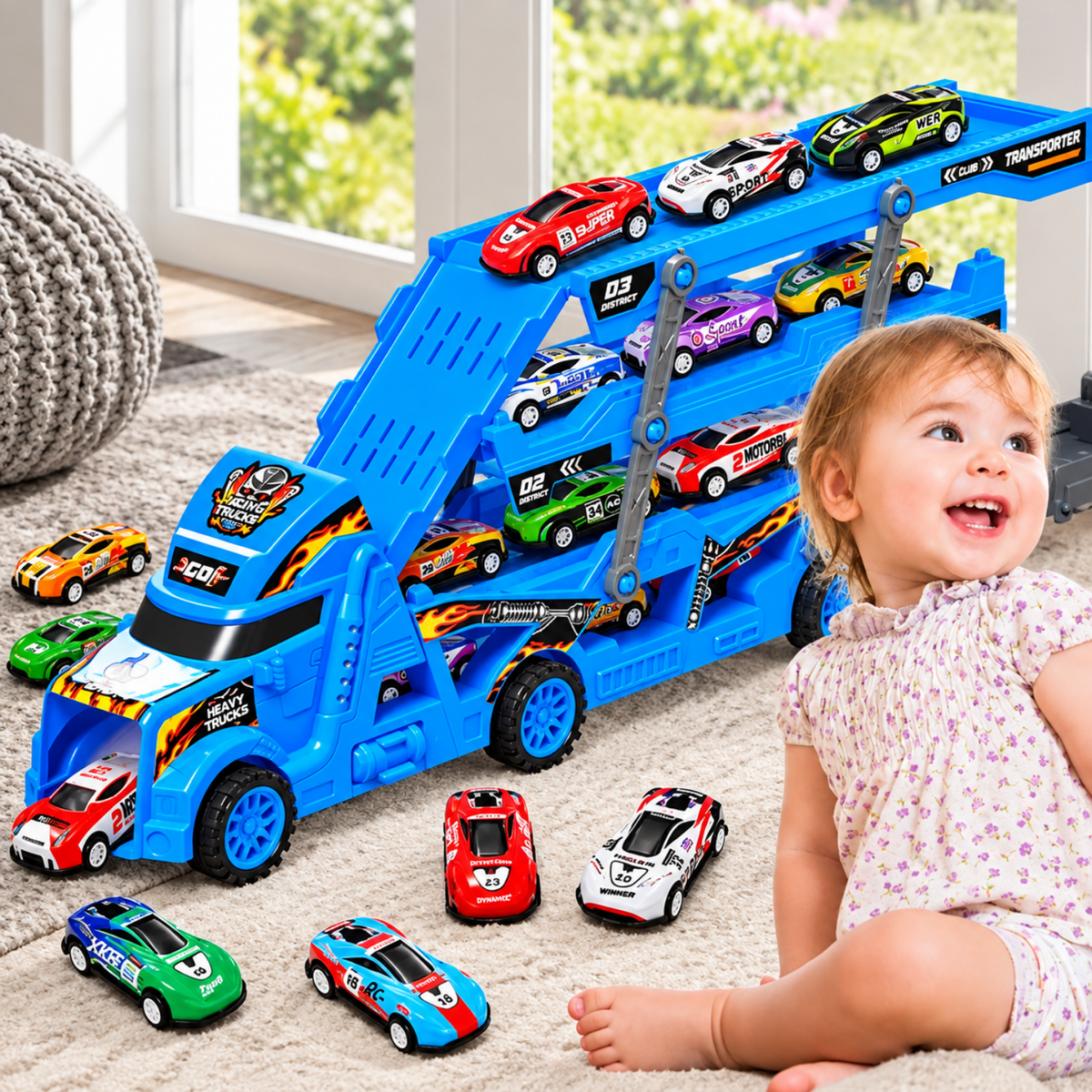 Enfant jouant avec le camion transporteur transformable bleu et ses mini-voitures
