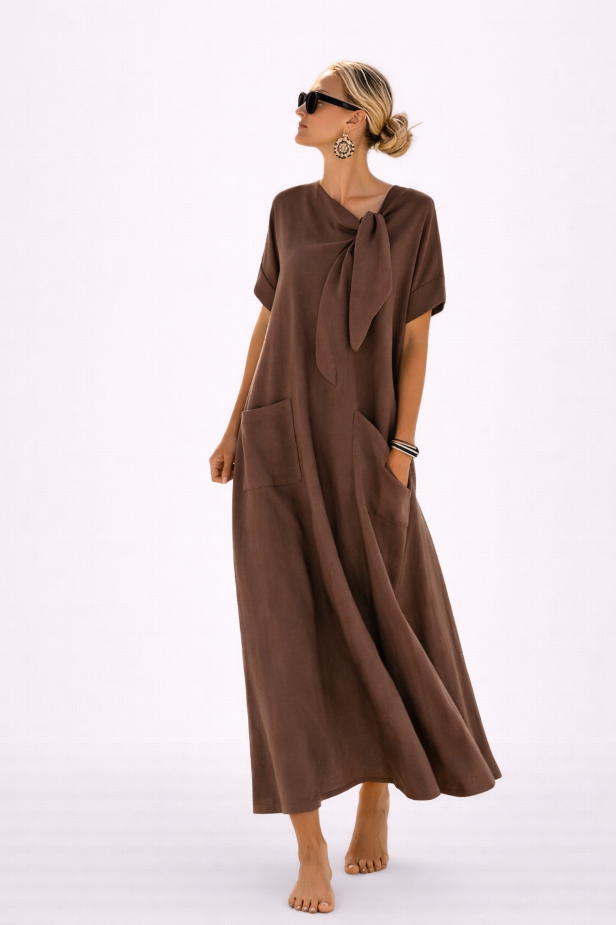 Robe Maxi Femme – Coupe Fluide Décontractée avec Nœud et Poches | Robe Longue Été