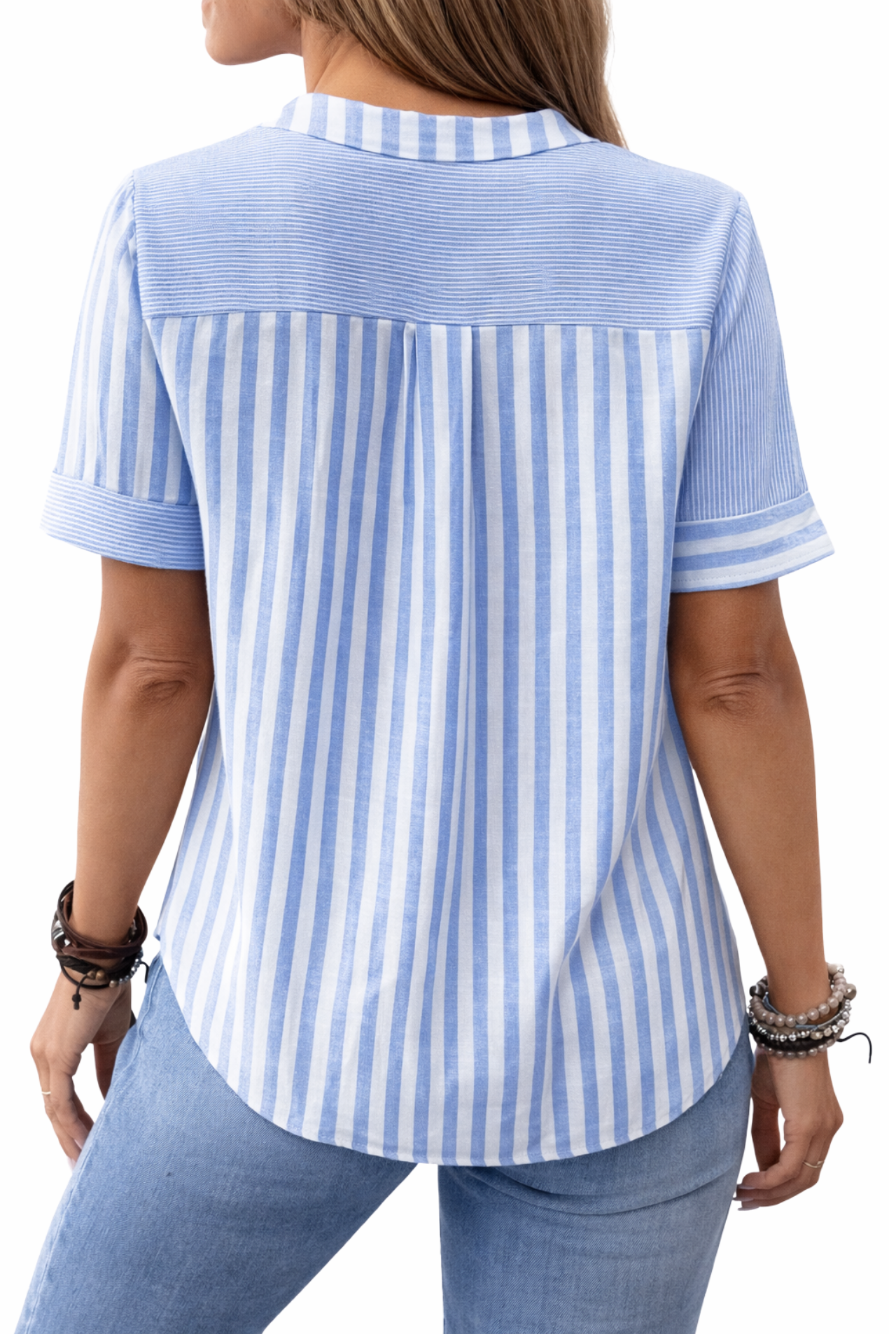 Blouse Femme Fluide – Style Décontracté Patchwork Rayé Respirant | Haut Col en V Manches Courtes