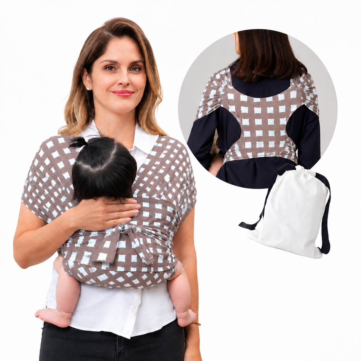 Écharpe de portage extensible motif à carreaux beige
