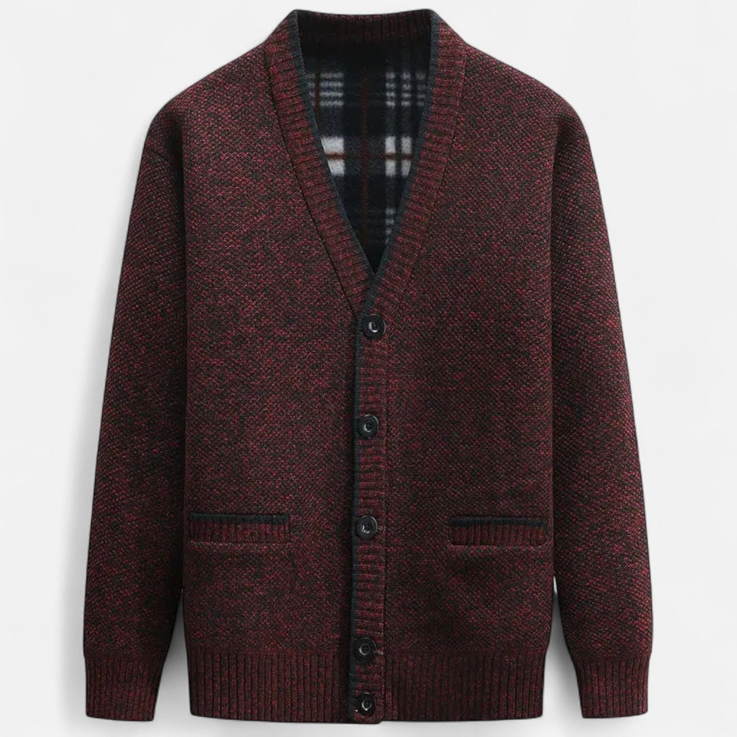 Cardigan homme en maille chinée rouge et noire, col en V, vue de face