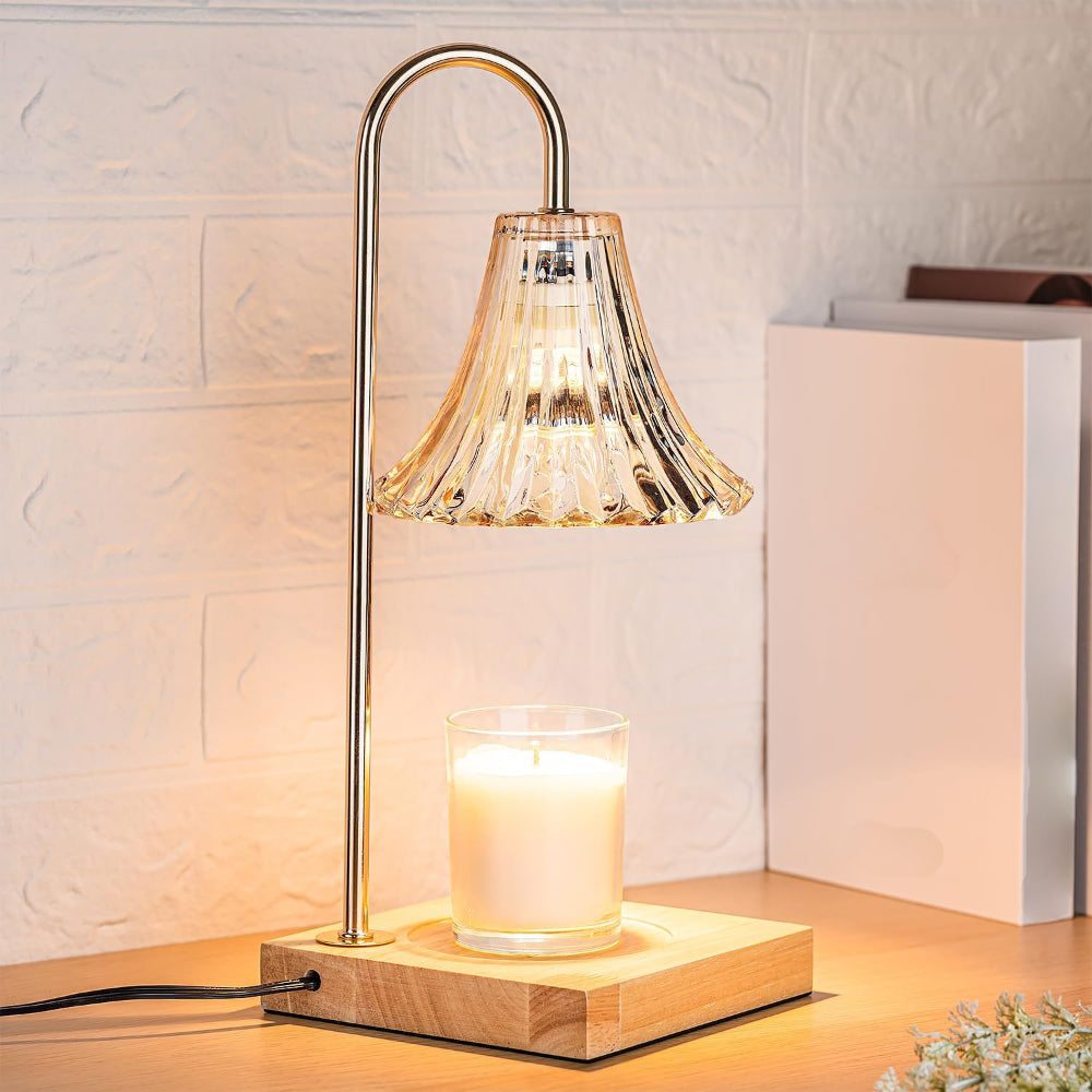 Lampe chauffe-bougie avec abat-jour en verre transparent en forme de fleur