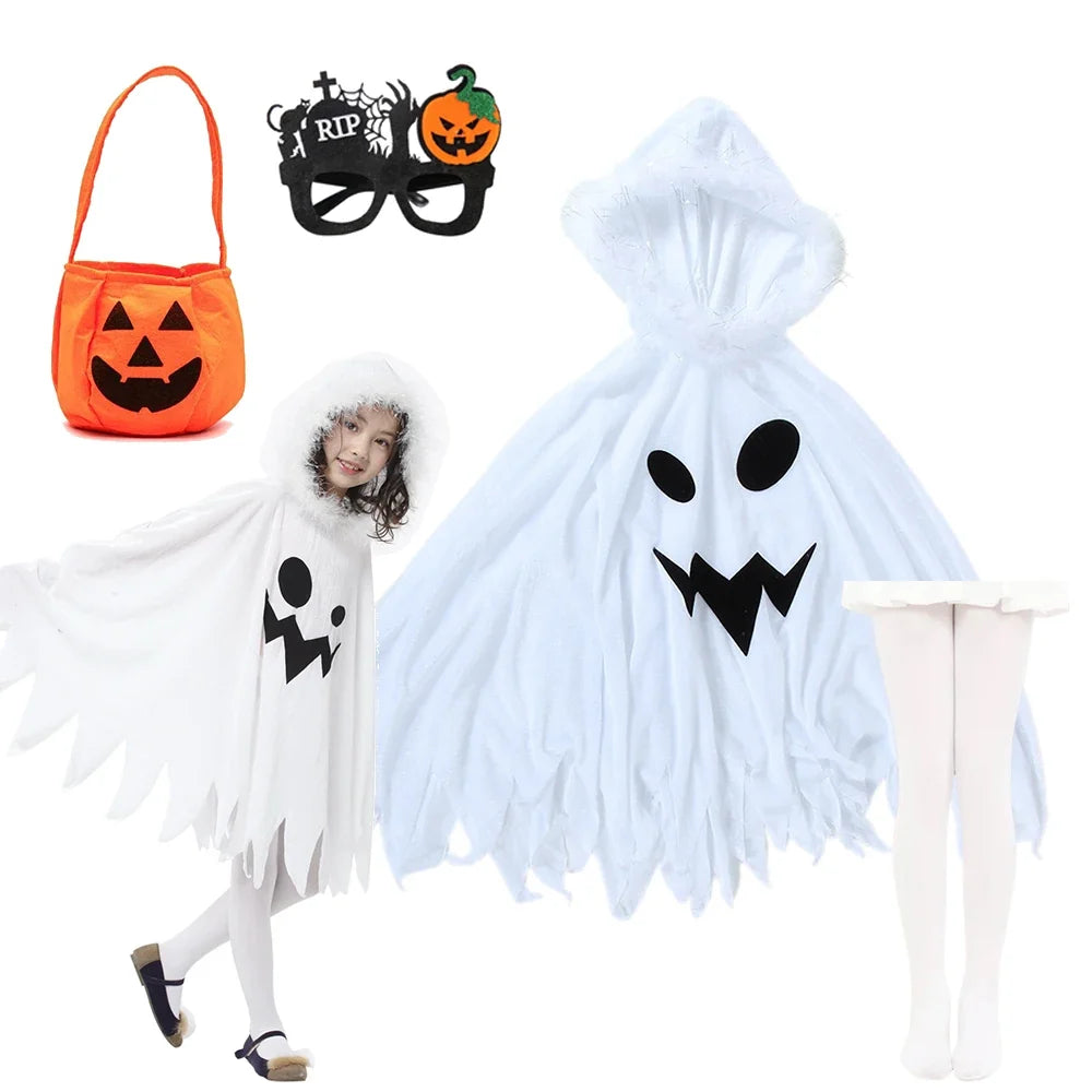 Kit complet du déguisement de fantôme blanc avec lunettes, collants et sac à bonbons citrouille