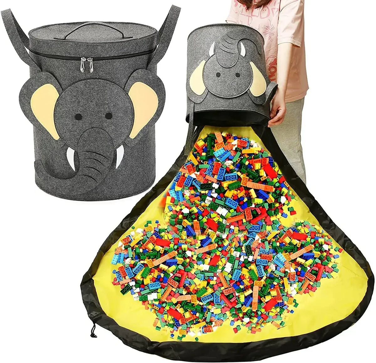 Panier de rangement en feutre éléphant déplié en tapis de jeu