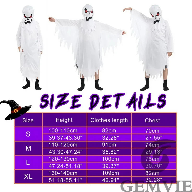 Tableau des tailles du costume de fantôme blanc enfant