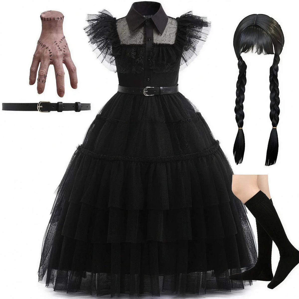 Robe écolière gothique avec perruque tressée, main postiche et chaussettes hautes