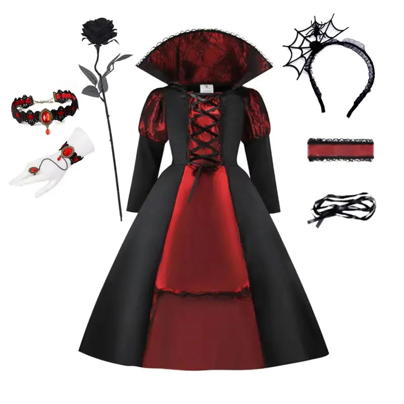 Robe mariée vampire avec serre-tête, rose, bracelet et gants