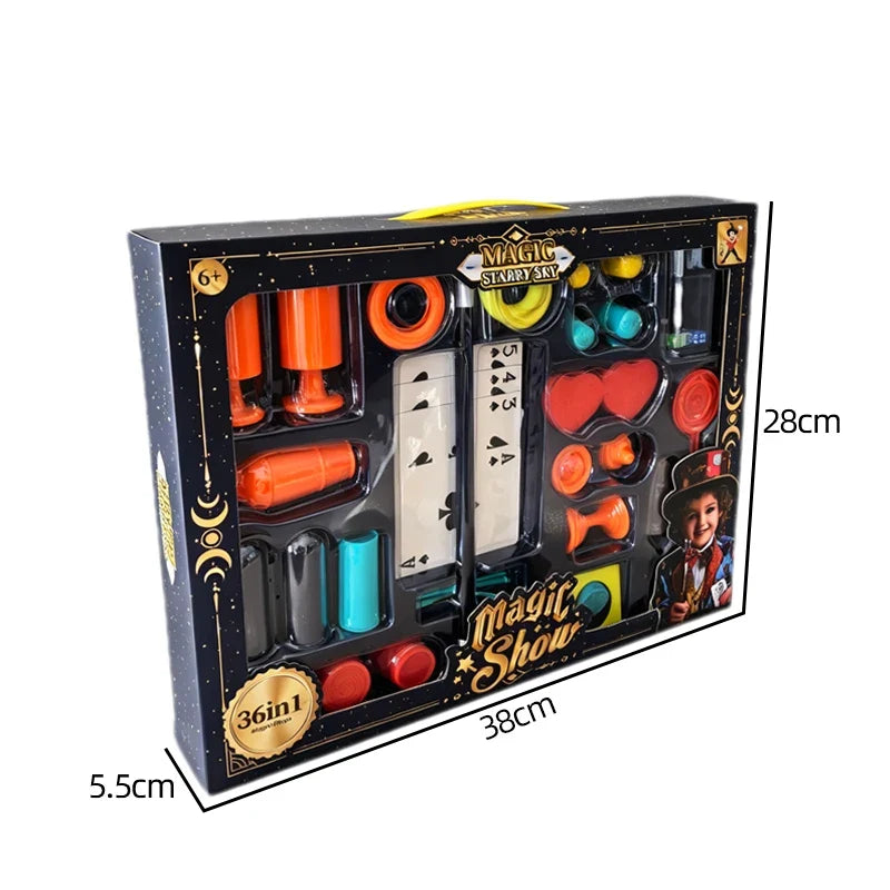 Dimensions de la valisette du coffret de magie, 38 x 28 x 5,5 cm