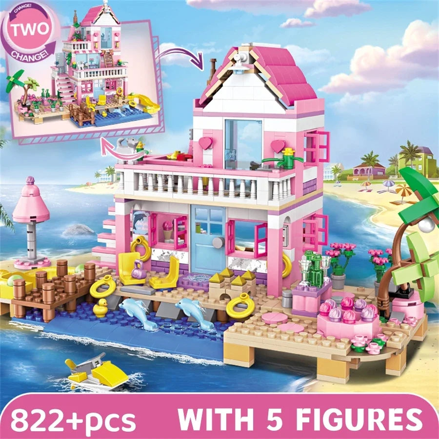Maison de plage rose 2-en-1 en briques de construction, 822 pièces – modèle assemblé