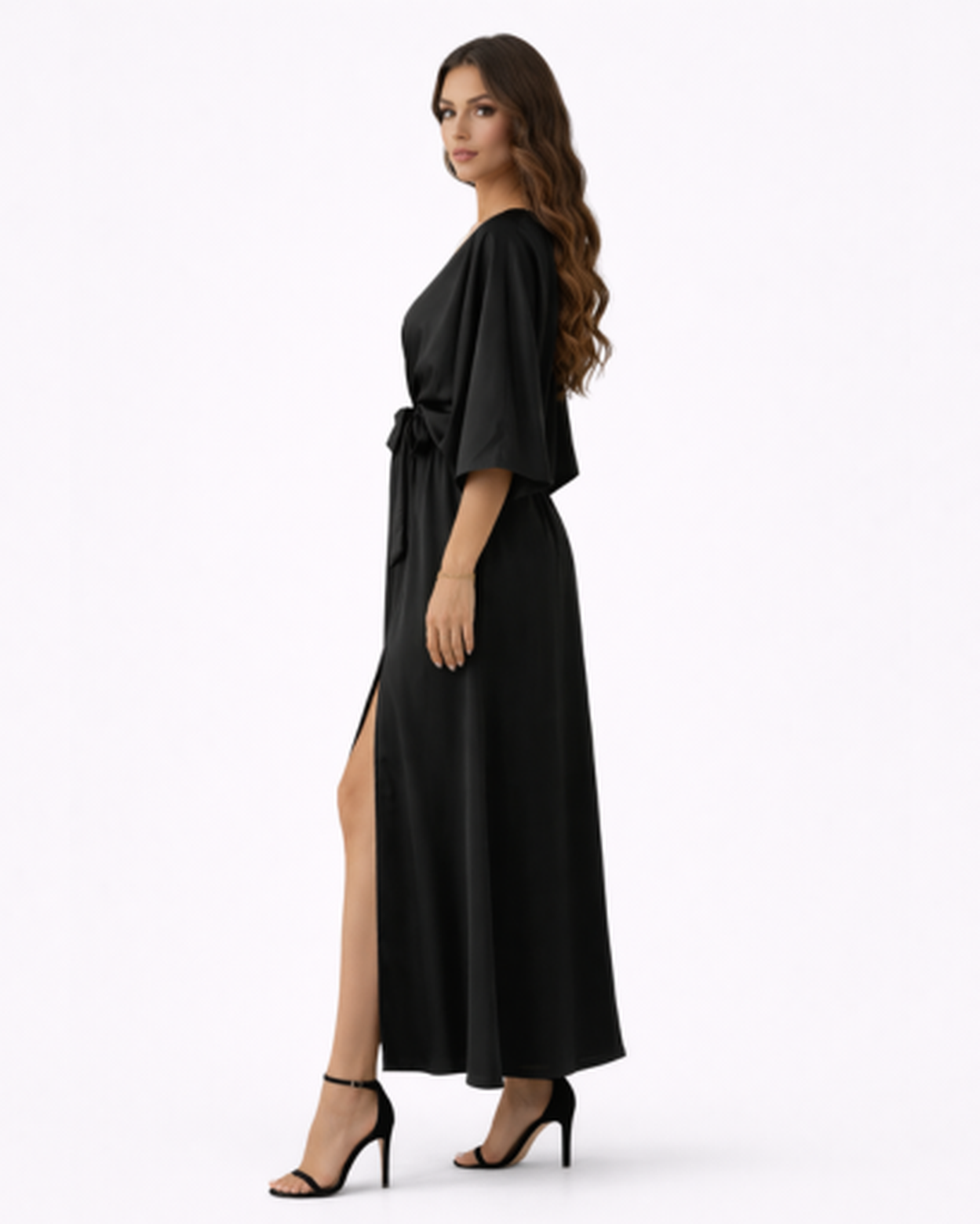 Robe longue satinée femme – col en V & fente latérale, look invitée de mariage | Robe cocktail satinée