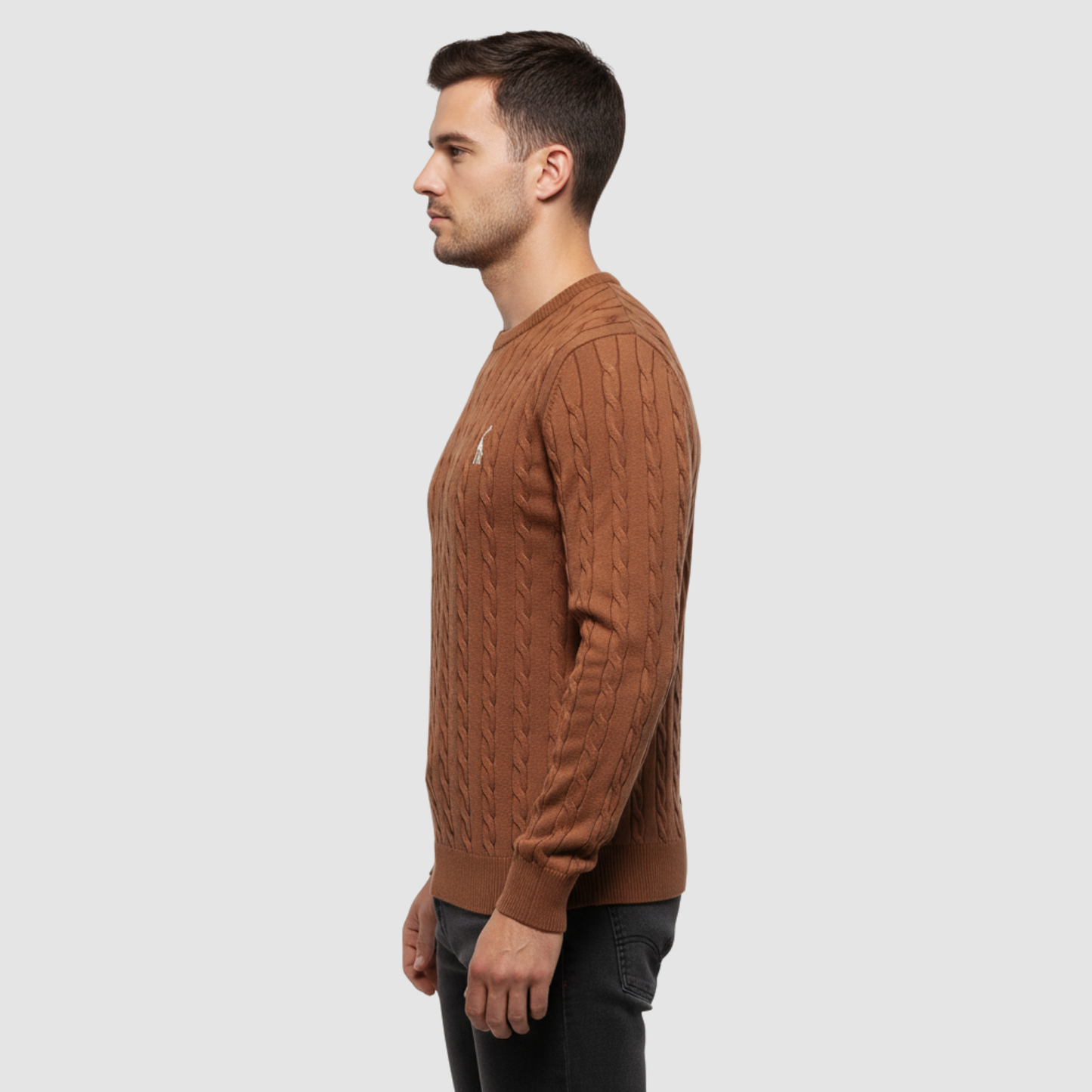 Pull homme en maille torsadée col rond porté en automne