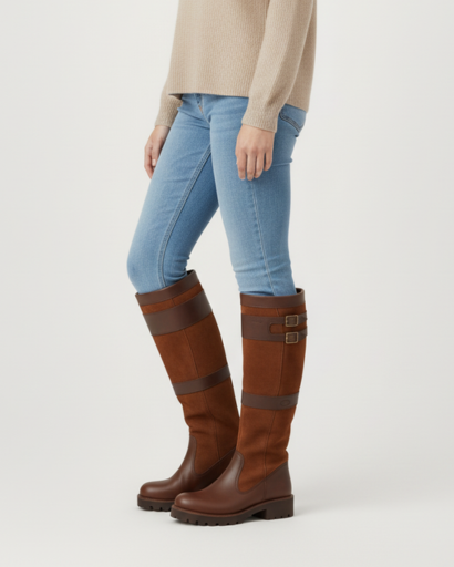 Bottes hautes équestres femme marron clair, vue de profil avec boucles latérales