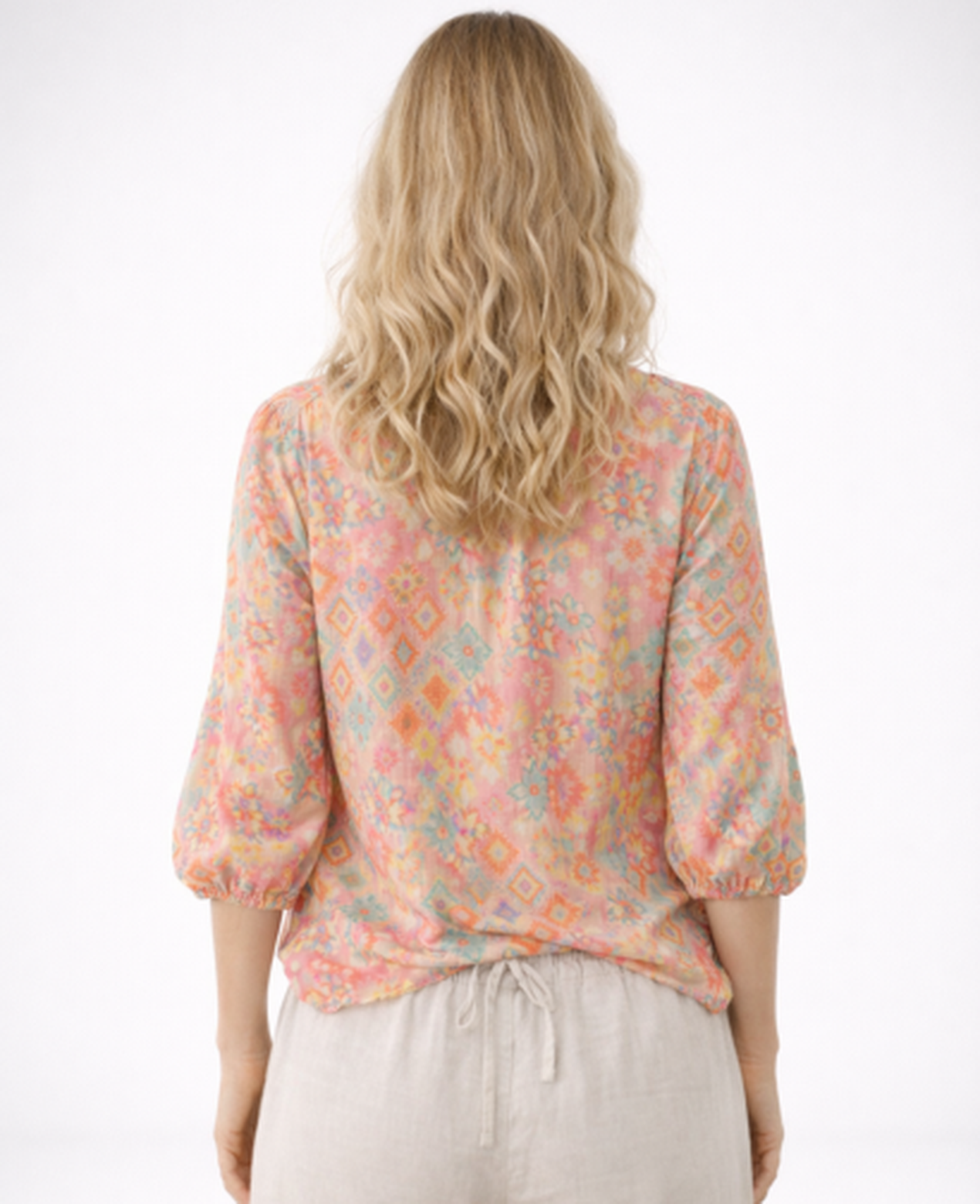 Blouse Femme Fluide Imprimée – Col Tunisien & Manches 3/4, Légèreté Bohème Chic Été