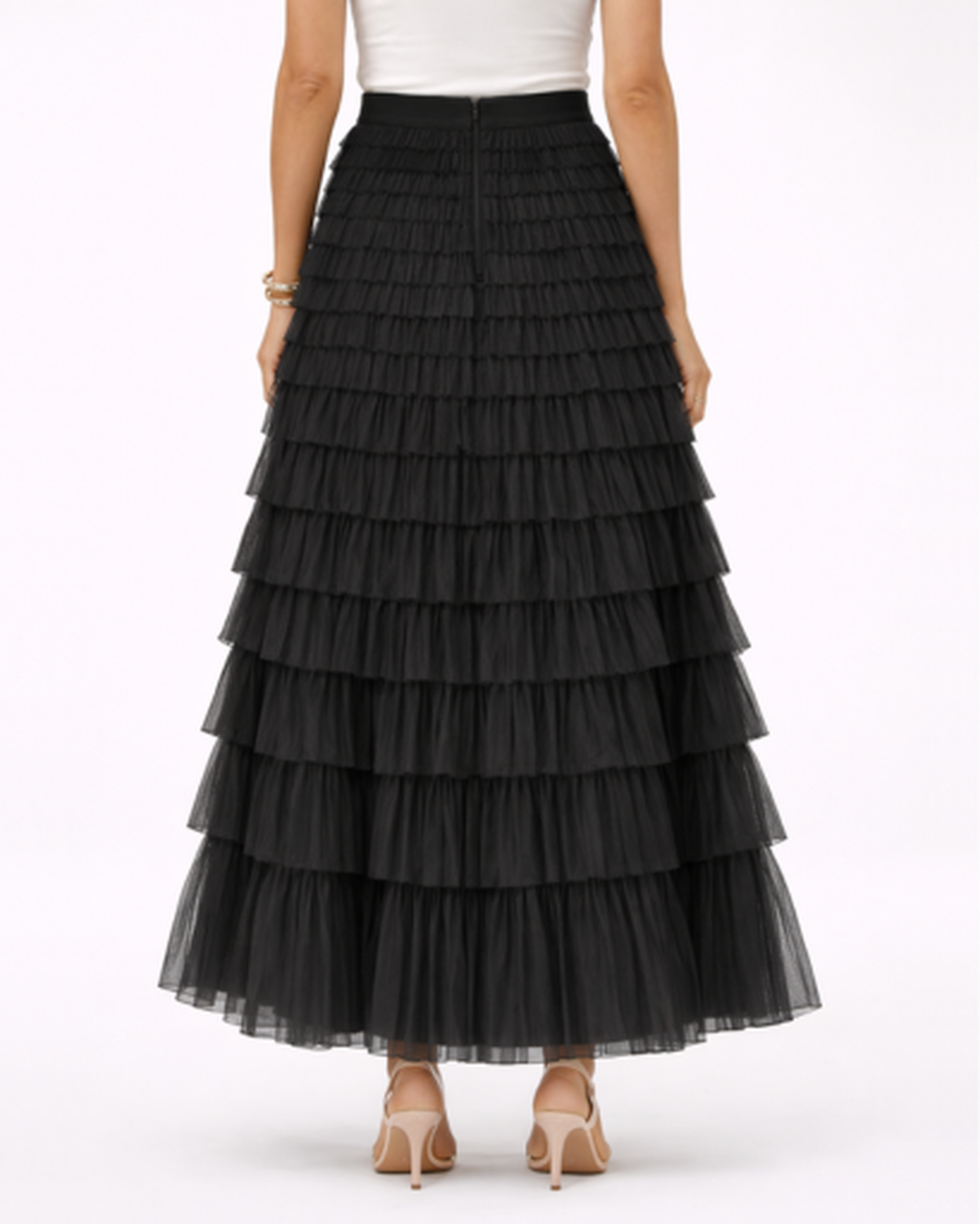 Jupe longue femme – tulle fluide à volants, taille haute | Jupe longue taille haute