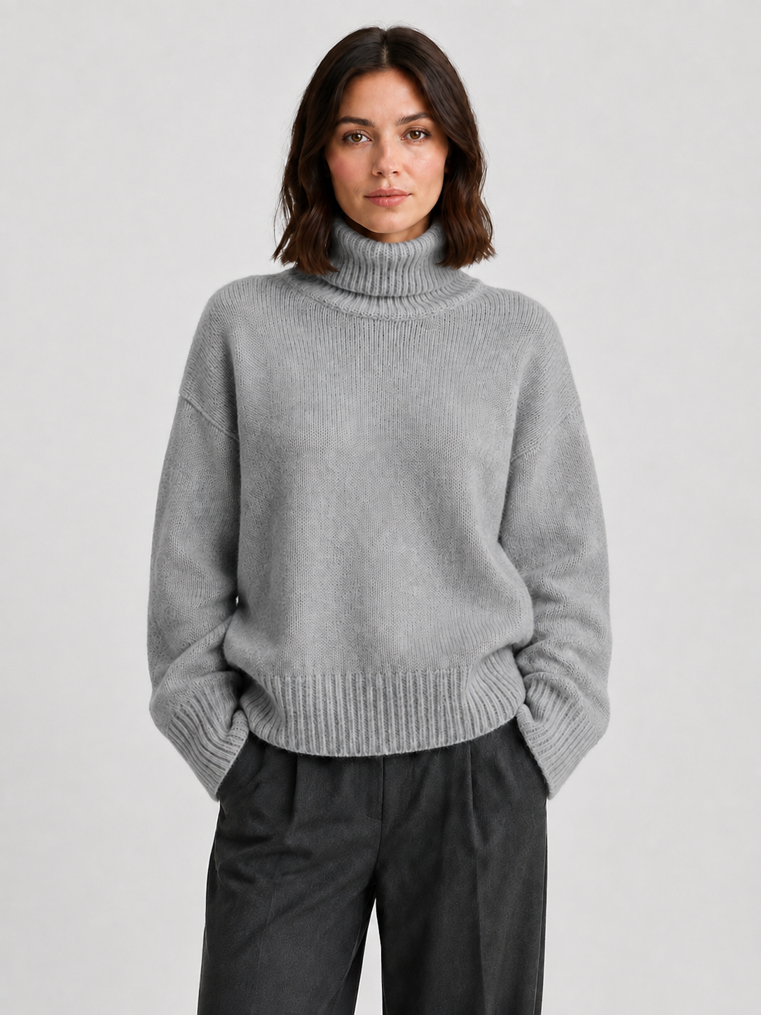 Pull oversize col roulé kaki, porté
