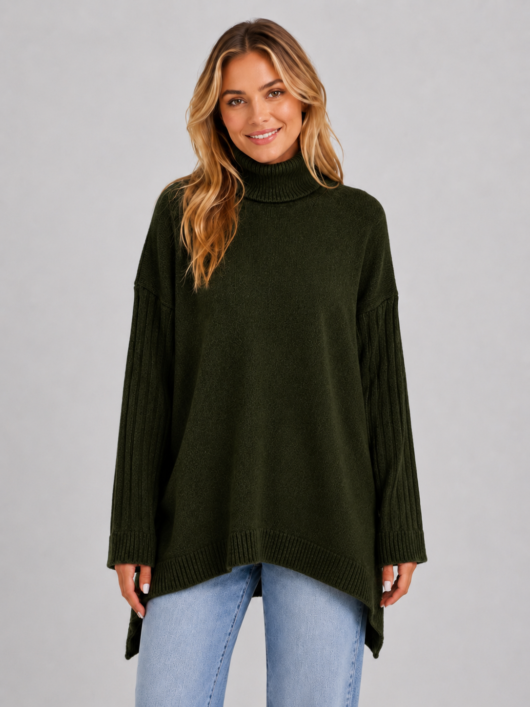 Pull long oversize col roulé bleu, vue d'ensemble