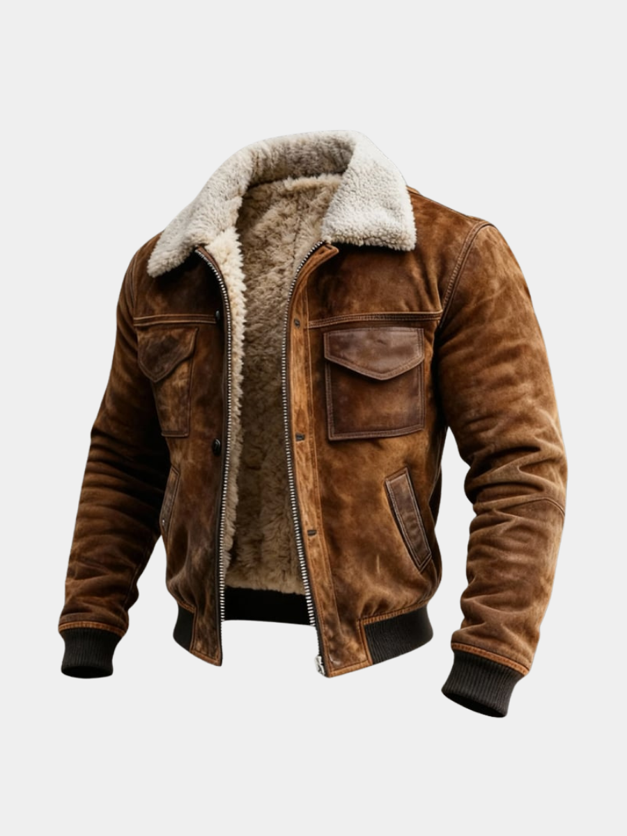 Veste aspect suédine marron avec col en sherpa, vue de face