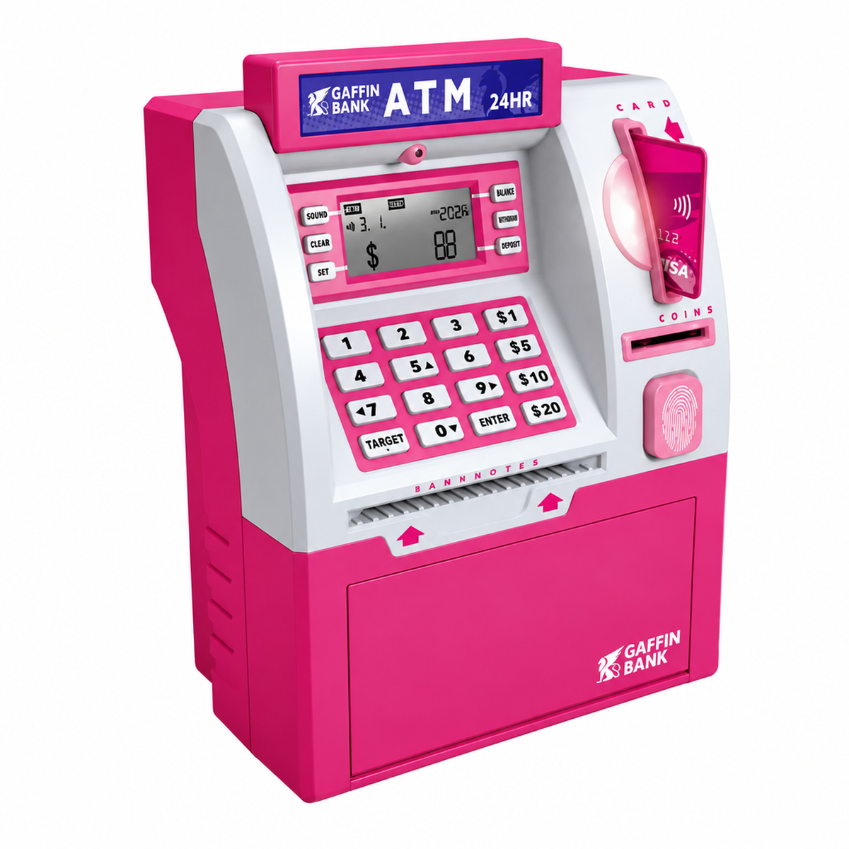 Tirelire ATM électronique rose pour enfants avec fente pour carte à puce, clavier et écran de solde numérique