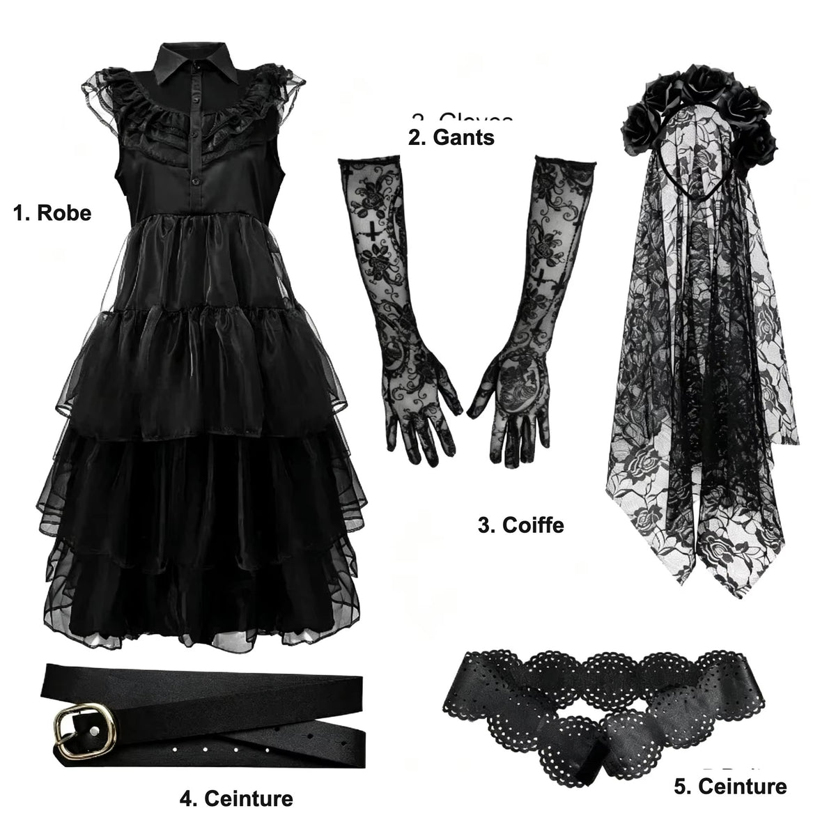 Détail des 5 composants du costume : robe, gants, coiffe, ceinture en cuir et ceinture en dentelle