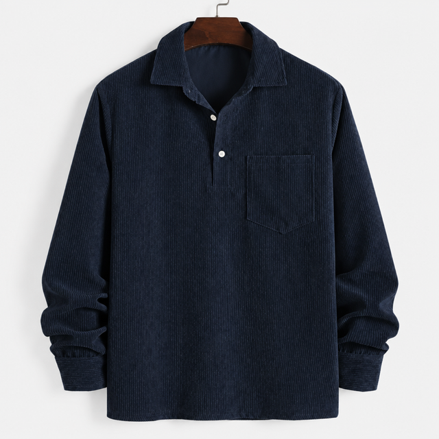 Chemise homme en velours côtelé bleu marine, vue produit face, manches longues et boutonnage demi-placket