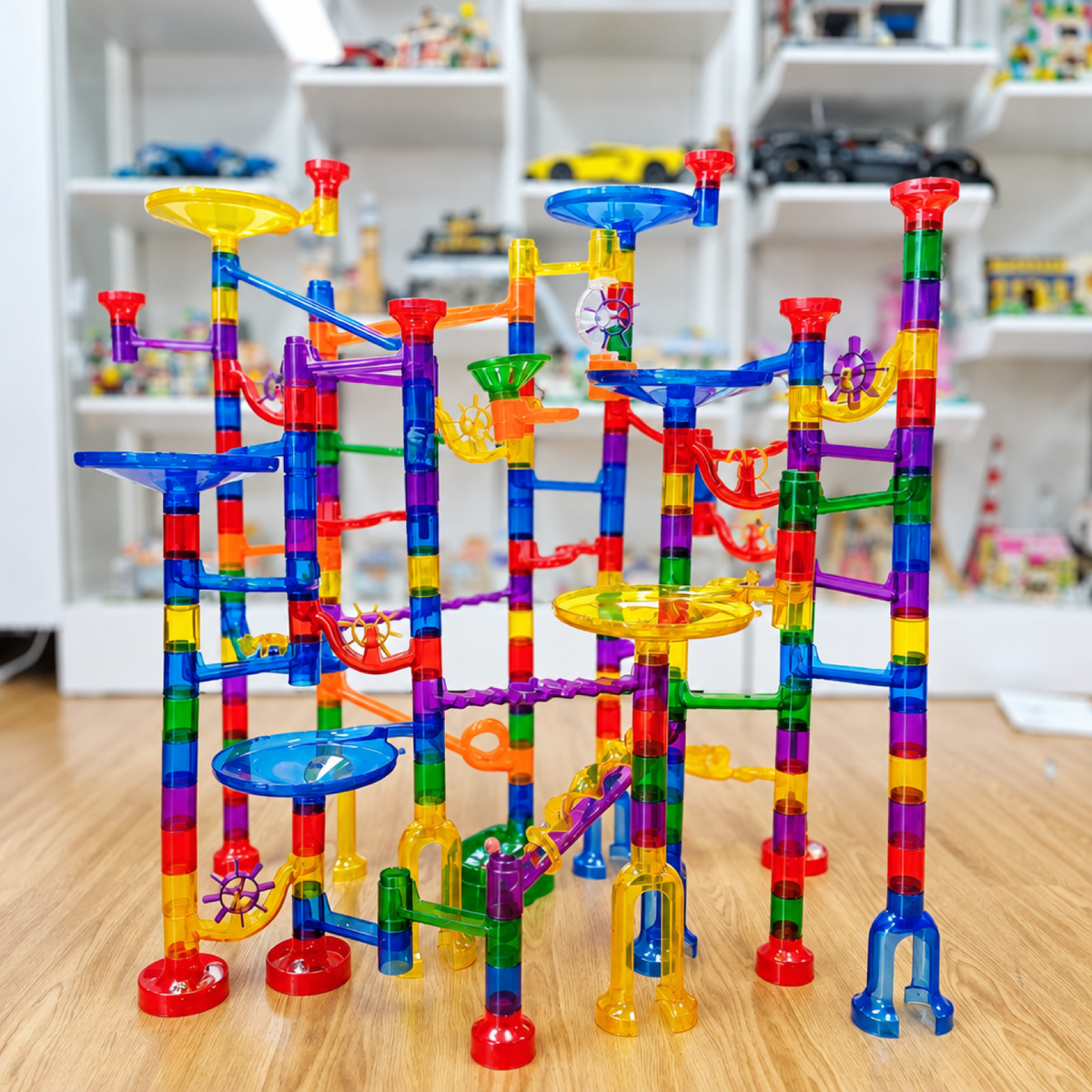 Circuit de billes phosphorescent assemblé et installé dans une chambre d'enfant