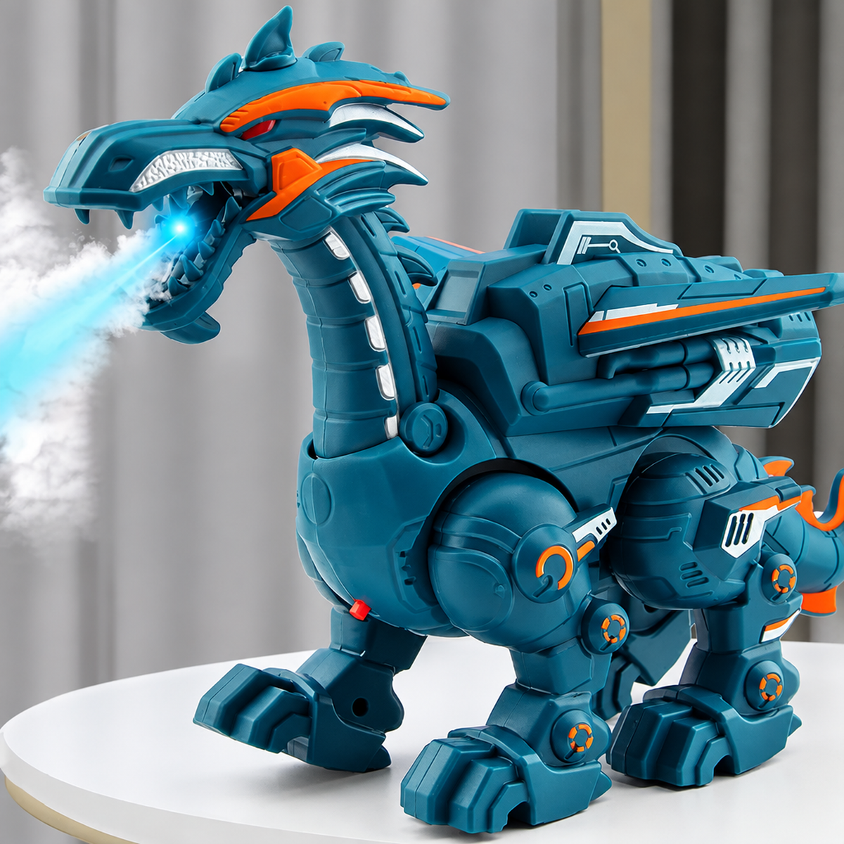 Dinosaure robot interactif, gros plan sur les détails des écailles et du bouton de commande