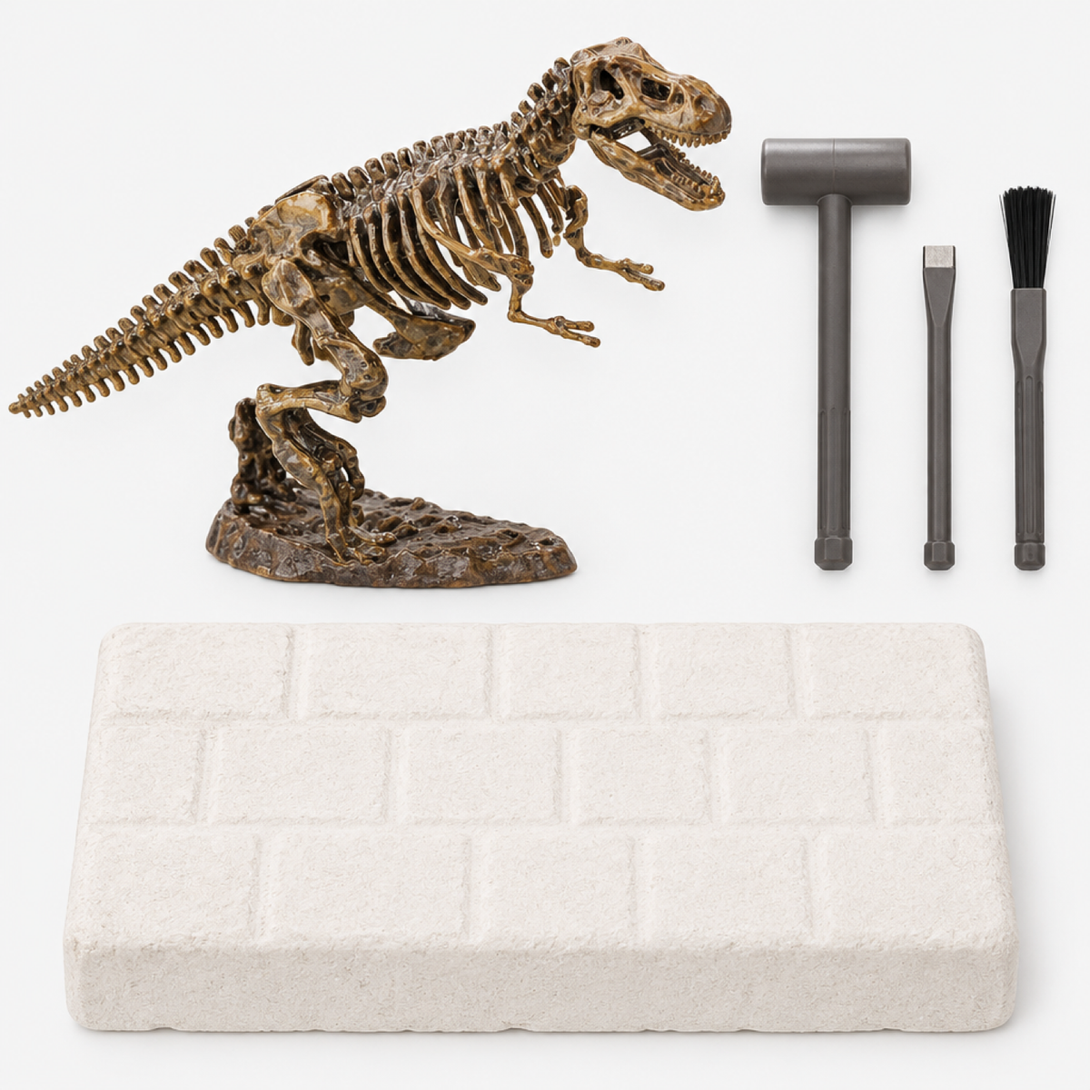 Vue à plat de toutes les pièces incluses : bloc d'excavation, outil de fouille, brosse et modèle de squelette de dinosaure assemblé