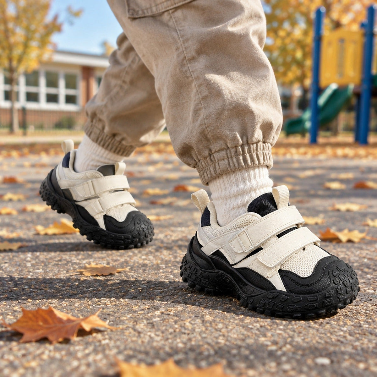 Enfant portant les baskets à scratch à semelle épaisse en extérieur, style urbain
