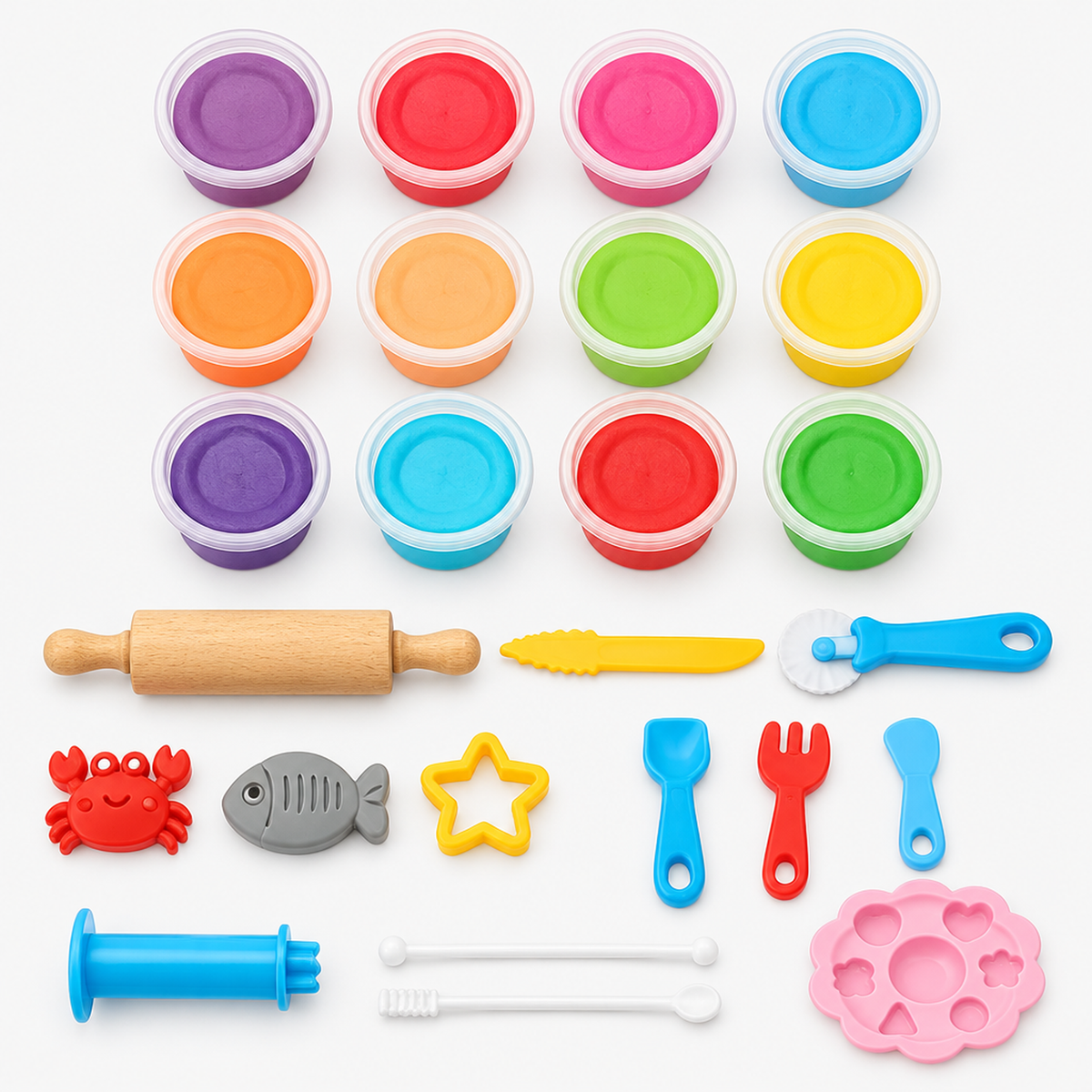 Vue à plat des 12 couleurs de pâte à modeler et des accessoires du coffret créatif