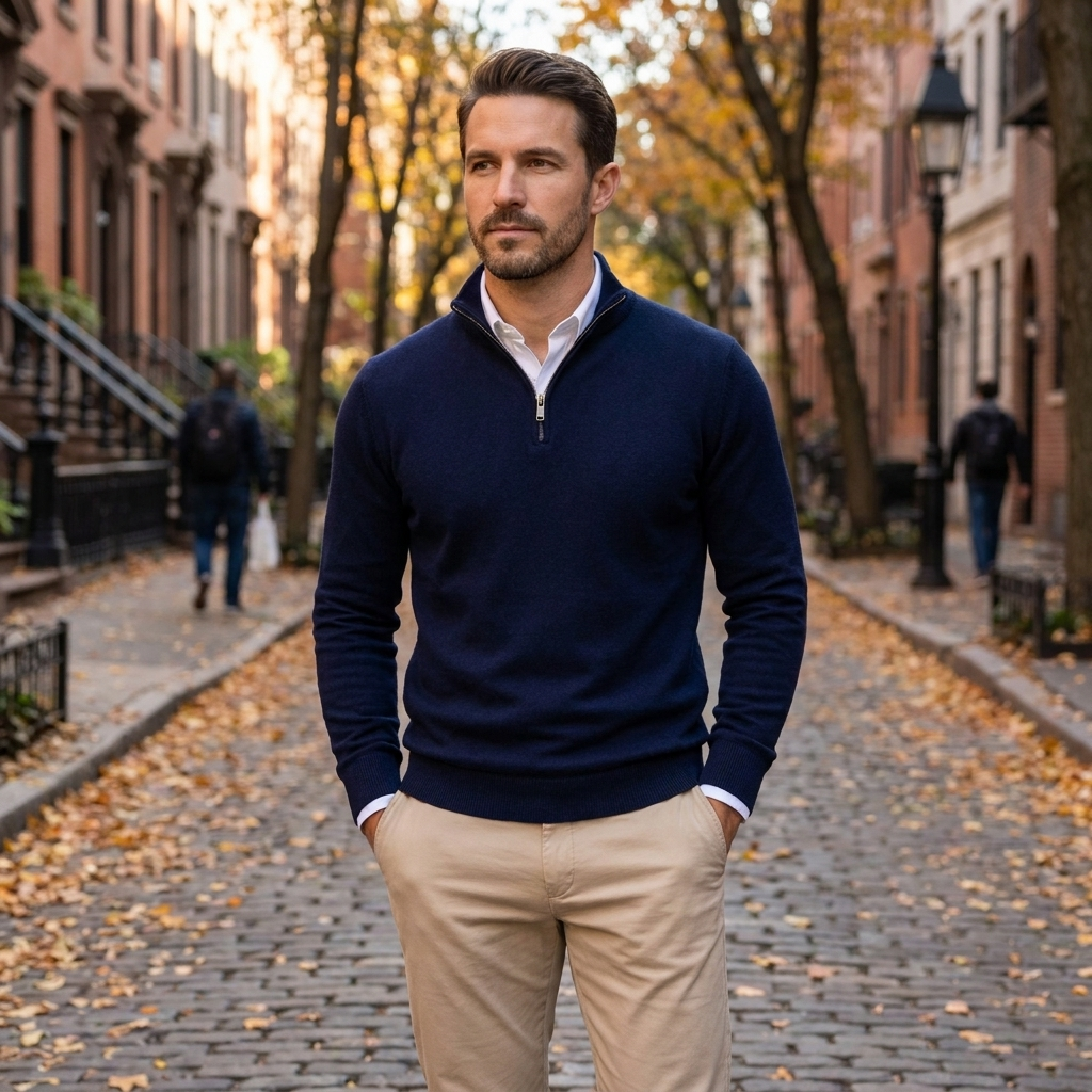 Pull homme demi-zip porte en ville automne