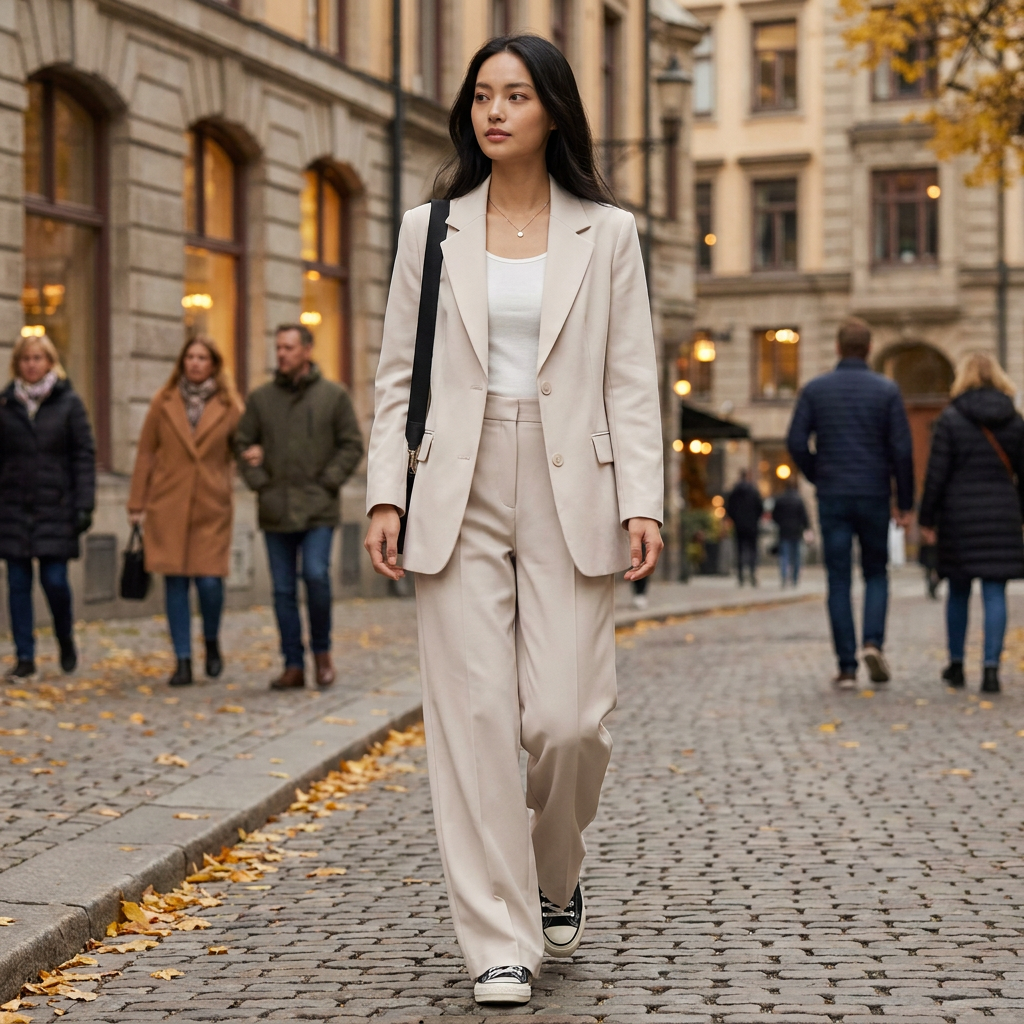 Ensemble Tailleur Femme Blazer Structur Pantalon Large Fluide Burea porte en automne