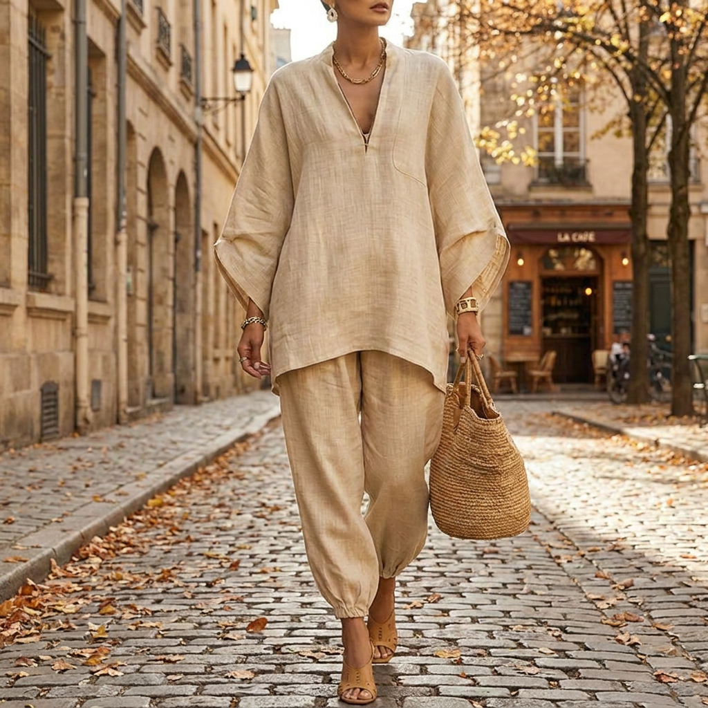 Ensemble 2 pices Femme Tunique Fluide en Lin Col en V Pantalon Confo porte en automne