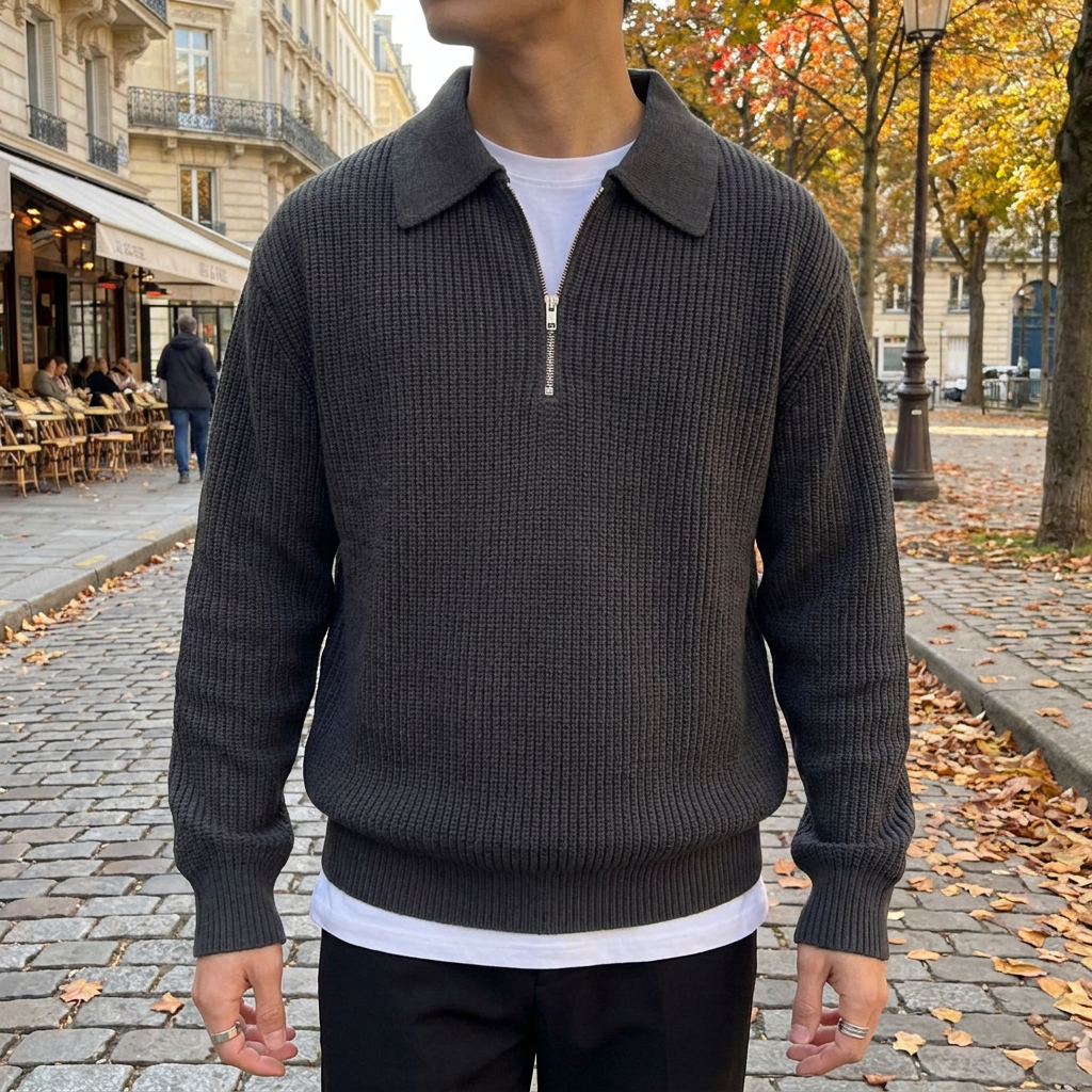 Pull Zipp Homme en Maille Coupe Ample Style Classique porte en automne
