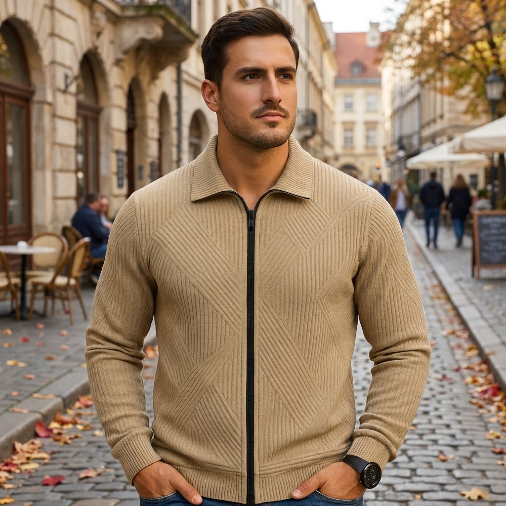 Gilet Homme Zipp Maille Ctele Texture Coupe Regular porte en automne