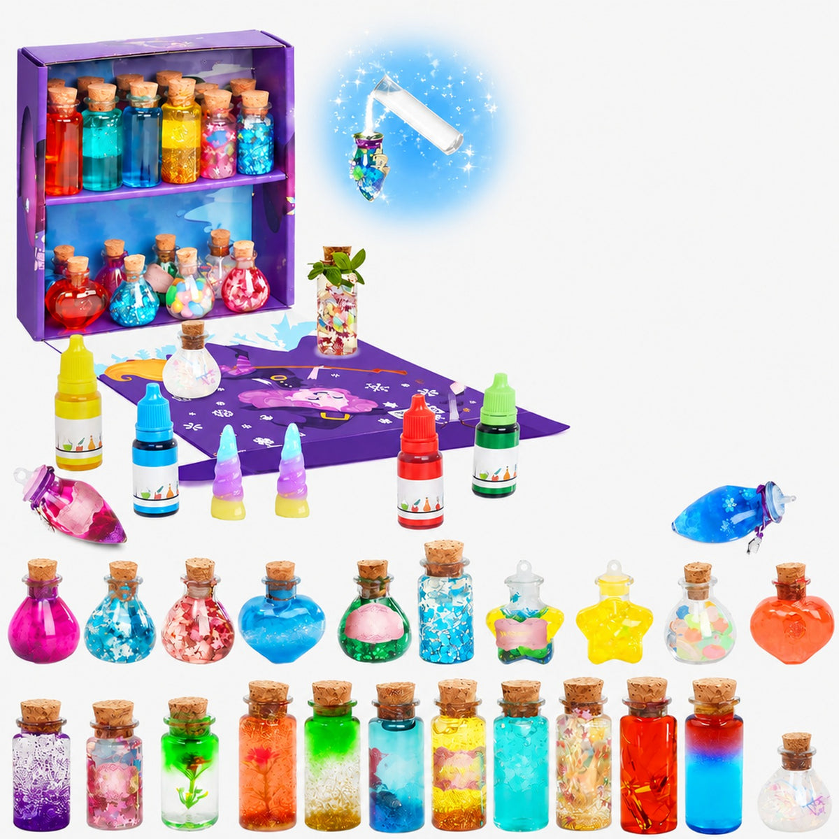 Kit potions magiques enfant Fée des Neiges bleue, 24 flacons et paillettes