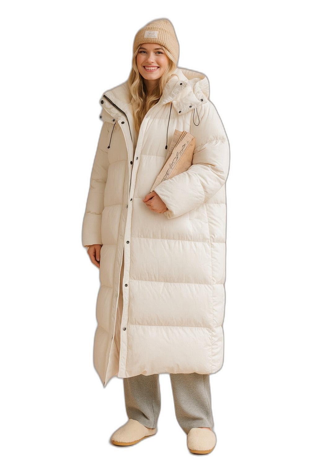 Manteau d'hiver long avec capuchon, porté avec accessoires