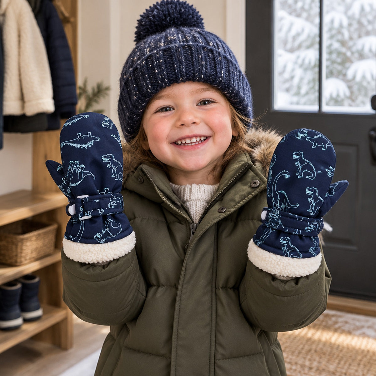 Enfant montrant ses moufles bleu marine à motif dinosaure et poignets sherpa, à l'intérieur