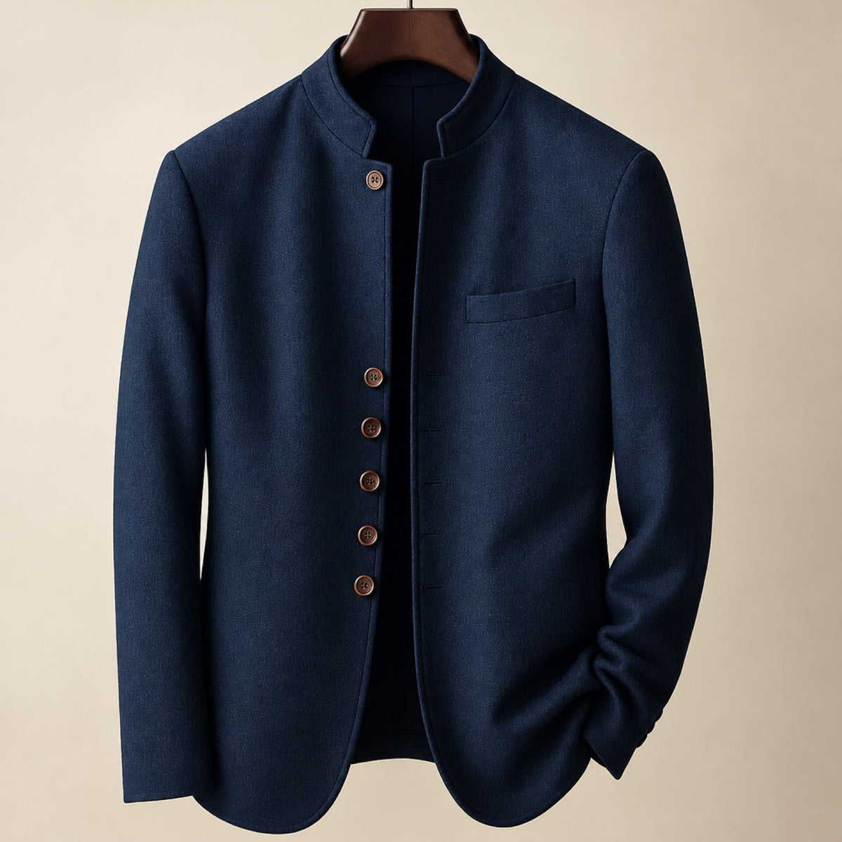 Veste homme bleu marine effet laine, col mao, boutonnage complet, vue de face sur cintre