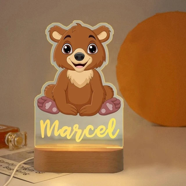Veilleuse animaux de la savane personnalisée, motif Ourson avec prénom personnalisé