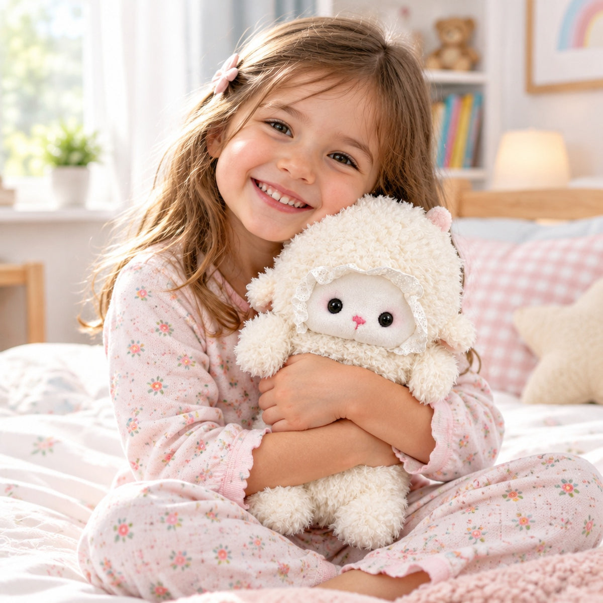 Petite fille faisant un câlin à la peluche agneau parlante dans sa chambre